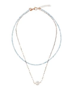 Collane Milor | Doppia Collana Girocollo Con Quarzite Cielo E Maglia Forzatina Con Perla Ming Bianca O 11 Mm In Argento 925 Placcato Oro Rosa 18Kt