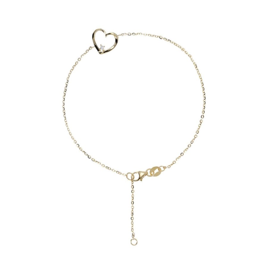 Bracciali Milor | Bracciale Catena Forzatina E Cuore Con Punto Luce In Cubic Zirconia Oro 9Kt