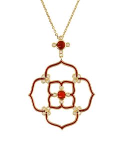 Collane Milor | Collana Catena Rolo E Quadrifoglio Con Topazio Bianco E Corniola Rossa In Argento 925 Placcato Oro Giallo 18Kt