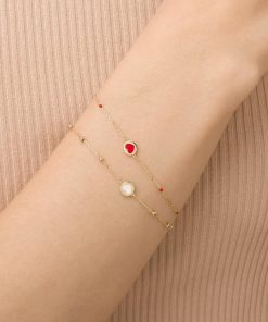 Bracciali Milor | Bracciale Catena Forzatina Con Pepite Rosse E Cuore Smaltati Oro 9Kt