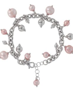 Bracciali Milor | Bracciale Con Catena Rolo E Charms In Perle D'Acqua Dolce Rosa O 7/10 Mm In Argento 925 Placcato Rodio