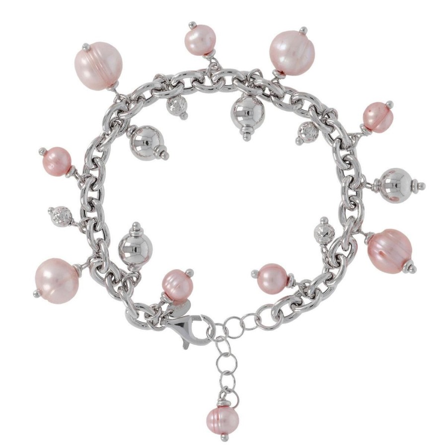 Bracciali Milor | Bracciale Con Catena Rolo E Charms In Perle D'Acqua Dolce Rosa O 7/10 Mm In Argento 925 Placcato Rodio