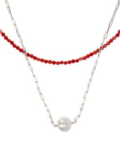 Collane Milor | Doppia Collana Girocollo Con Quarzite Rossa E Maglia Forzatina Con Perla Ming Bianca O 11 Mm In Argento 925 Placcato Oro Rosa 18Kt