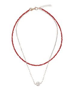 Collane Milor | Doppia Collana Girocollo Con Quarzite Rossa E Maglia Forzatina Con Perla Ming Bianca O 11 Mm In Argento 925 Placcato Oro Rosa 18Kt